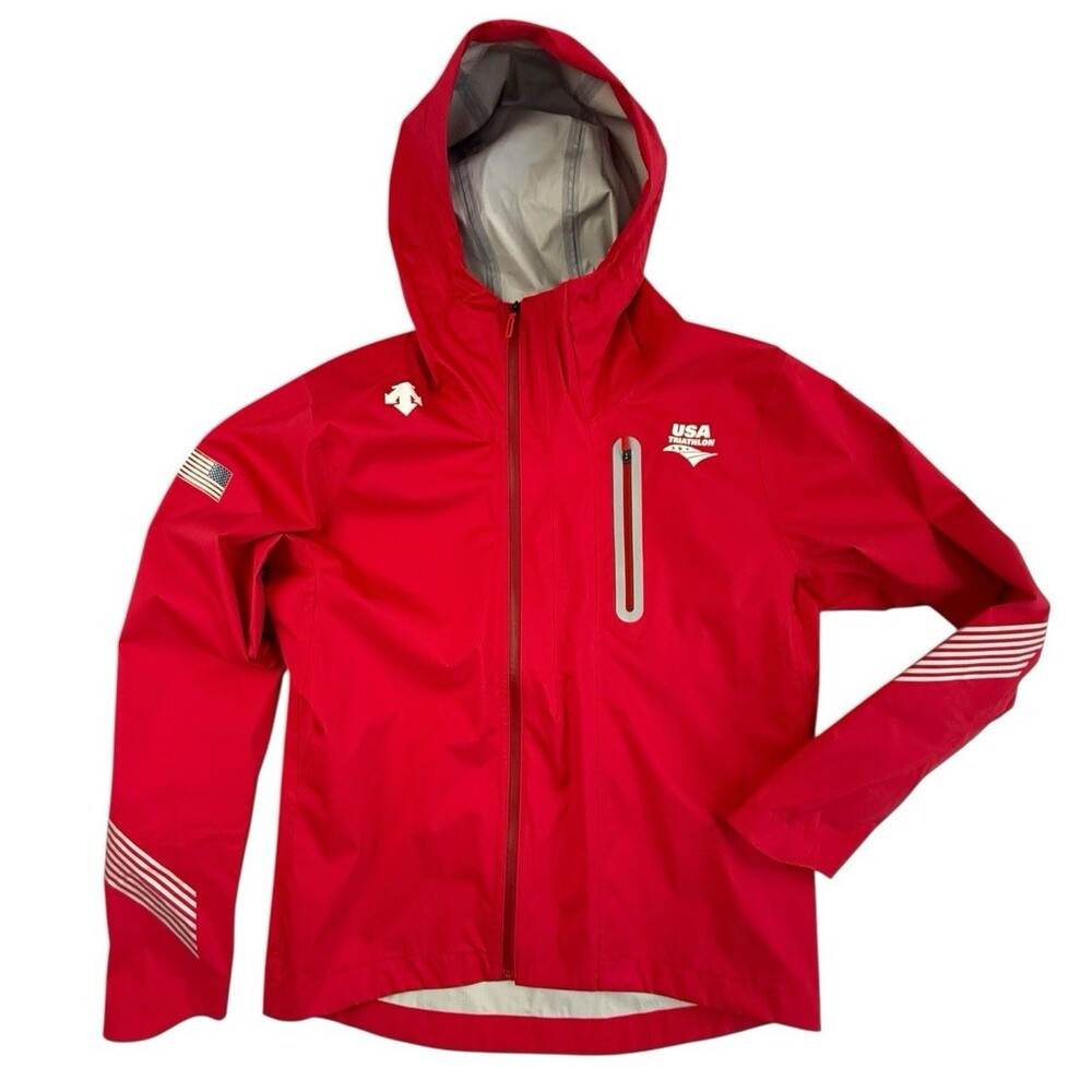 Descente USA Triathlon Waterproof Jacket Full Zip Men Medium Red Hooded